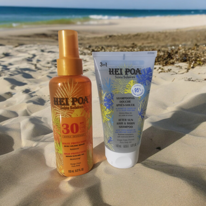 Duo Heï poa  Huile Solaire SPF30 et Shampoing gel douche après-soleil .